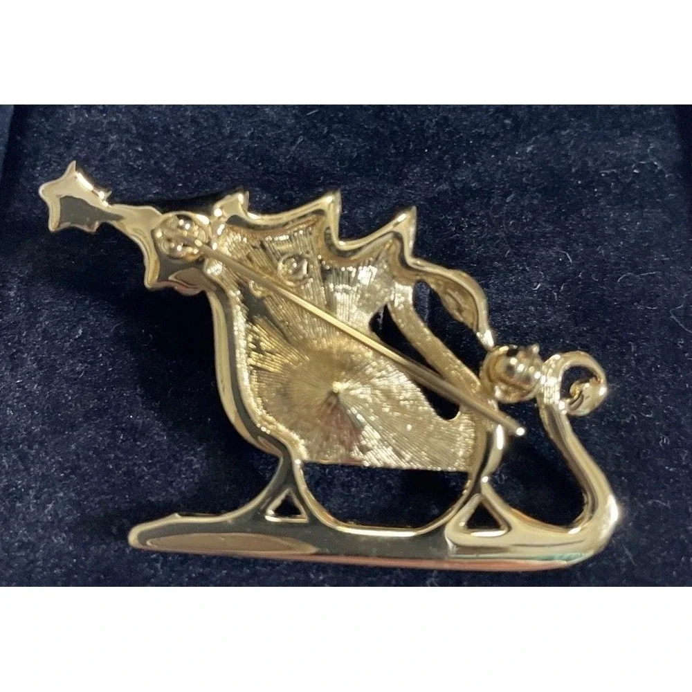 Swarovski Swan Signed Gold Tone Green Enamel Clear‎ Red Crystals Sleigh  Brooch